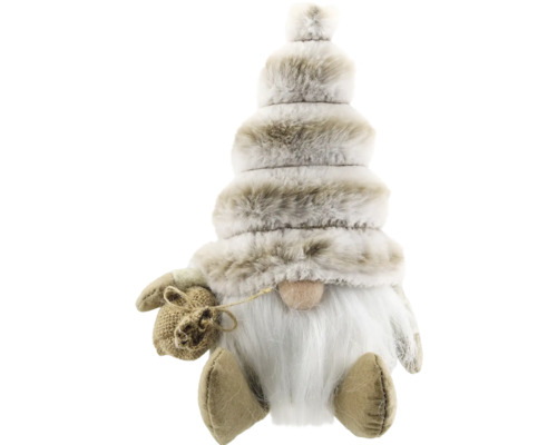 Weihnachtsgnom mit gestuftem Hut aus Kunstfell, langem weißen Bart und kleinem Jutesack.
