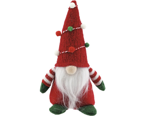 Weihnachts-Wichtel aus Stoff mit roter Mütze, weißem Bart und rot-weiß gestreiften Ärmeln.