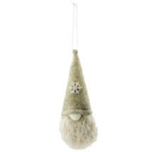 Weihnachtsanhänger Wichtel mit grauem Filzhut, weißer Schneeflocke und langem weißem Bart.
