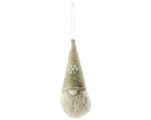 Weihnachtsanhänger Wichtel mit grauem Filzhut, weißer Schneeflocke und langem weißem Bart.