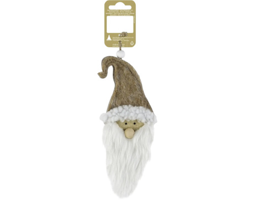 Weihnachtsanhänger Wichtel mit braunem Filzhut, weißem Bart und Holznase.