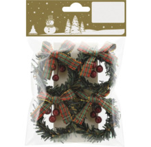 Vier künstliche Mini-Weihnachtskränze mit karierten Stoffschleifen und roten Beeren in einer Verpackung.