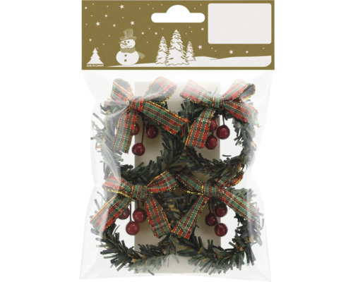 Vier künstliche Mini-Weihnachtskränze mit karierten Stoffschleifen und roten Beeren in einer Verpackung.