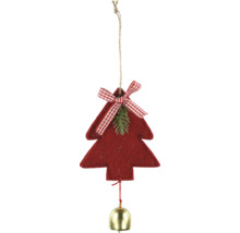 Weihnachtsanhänger aus Filz in Form eines Tannenbaums mit rot-weiß karierter Schleife, Tannenzweig und goldenem Glöckchen.