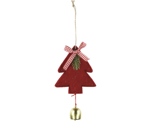 Weihnachtsanhänger aus Filz in Form eines Tannenbaums mit rot-weiß karierter Schleife, Tannenzweig und goldenem Glöckchen.