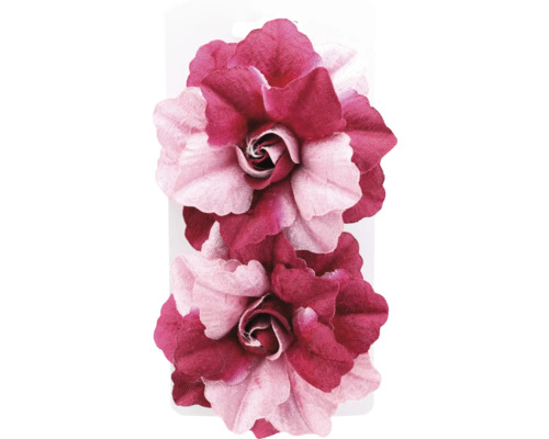 Zwei künstliche Rosen aus Stoff.