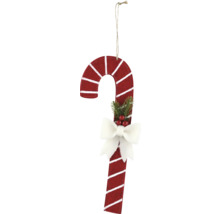 Weihnachtsanhänger Zuckerstange aus Filz mit weißer Schleife, Tannengrün, roten Beeren und Kordel zum Aufhängen.