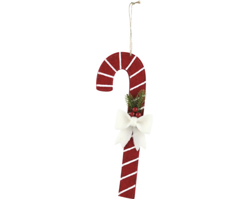 Weihnachtsanhänger Zuckerstange aus Filz mit weißer Schleife, Tannengrün, roten Beeren und Kordel zum Aufhängen.