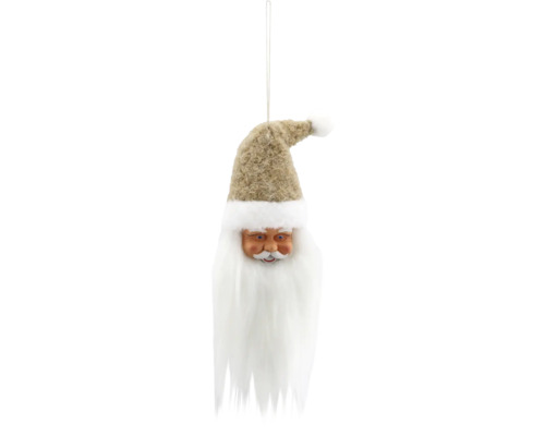 Weihnachtsanhänger Weihnachtsmann mit langem weißem Bart, beige Mütze aus strukturiertem Stoff mit weißem Bommel und Aufhängeschlaufe.