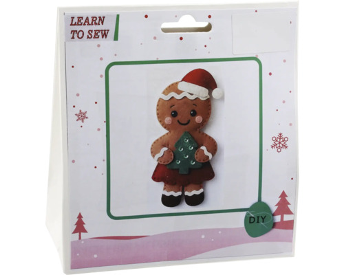 Nähset aus Filz Lebkuchenfigur mit Weihnachtsmütze und Tannenbaum, Bastelset zum Selbermachen für Weihnachten.