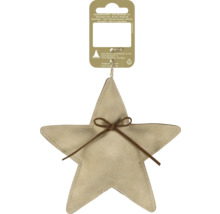 Beiger Weihnachtsanhänger in Sternform aus Stoff mit brauner Schleife und sichtbarer Naht.