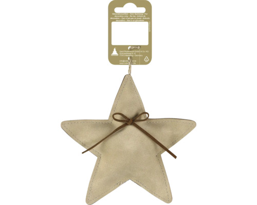 Beiger Weihnachtsanhänger in Sternform aus Stoff mit brauner Schleife und sichtbarer Naht.