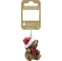 Weihnachtsanhänger Teddybär mit Weihnachtsmütze und roter Schleife, Gerd Rodermund Logo.