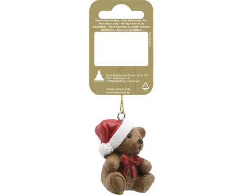 Weihnachtsanhänger Teddybär mit Weihnachtsmütze und roter Schleife, Gerd Rodermund Logo.