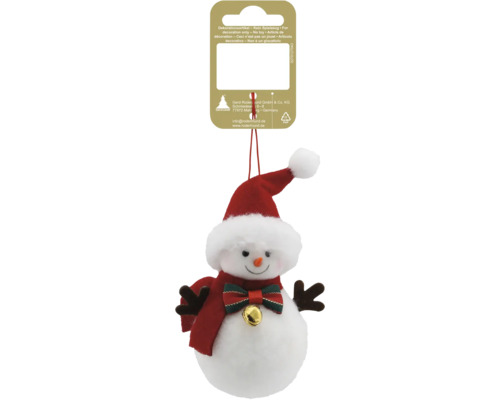 Weihnachtsbaumanhänger Schneemann aus Plüsch mit roter Mütze, Schal, Fliege und Glöckchen