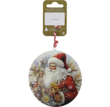 Runder Christbaumschmuck mit Weihnachtsmann Motiv, weissem Bart und roter Muetze, umgeben von floralen Elementen, inklusive Kordel zum Aufhaengen.