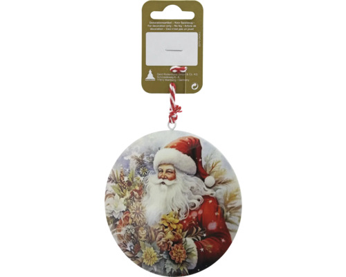 Runder Christbaumschmuck mit Weihnachtsmann Motiv, weissem Bart und roter Muetze, umgeben von floralen Elementen, inklusive Kordel zum Aufhaengen.