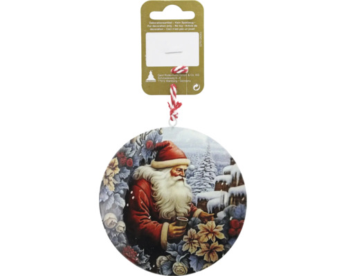 Runder Weihnachtshänger aus Pappe mit Weihnachtsmann-Motiv in einer Winterlandschaft und rot-weißer Kordel zum Aufhängen.