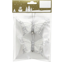 Weihnachtsbaumschmuck Schmetterlinge mit Clip in Silber und Weiß, Packung mit zwei Stück, verziert mit Glitter und Perlen.