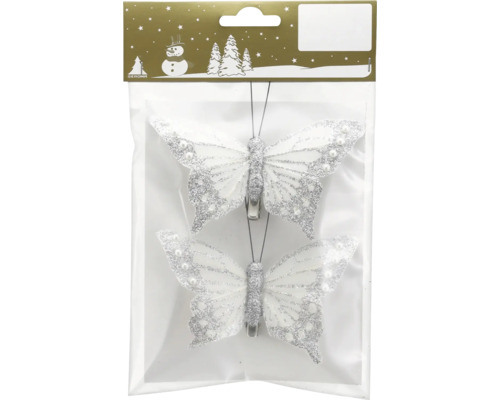 Weihnachtsbaumschmuck Schmetterlinge mit Clip in Silber und Weiß, Packung mit zwei Stück, verziert mit Glitter und Perlen.