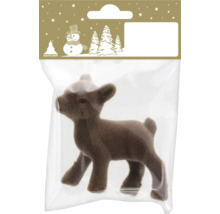 Braune beflockte Rentier-Figur als Weihnachtsdekoration in Kunststoffverpackung mit Geroma Logo.