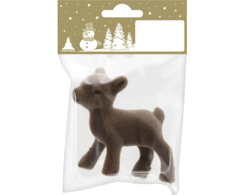 Braune beflockte Rentier-Figur als Weihnachtsdekoration in Kunststoffverpackung mit Geroma Logo.