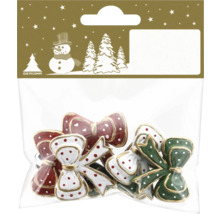 Packung mit weihnachtlichen Deko-Schleifen aus Metall, emailliert mit Punkten und Goldrand in den Farben Rot, Weiß und Grün.
