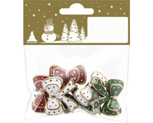 Packung mit weihnachtlichen Deko-Schleifen aus Metall, emailliert mit Punkten und Goldrand in den Farben Rot, Weiß und Grün.