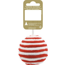 Gestreifte Christbaumkugel aus weichem Material in Rot und Weiß mit Produktanhänger.