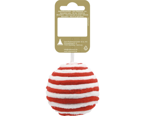 Gestreifte Christbaumkugel aus weichem Material in Rot und Weiß mit Produktanhänger.