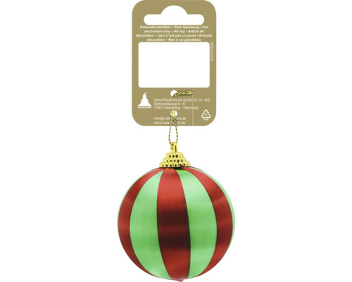 Rot und grün gestreifte Weihnachtskugel mit goldener Kappe und Aufhänger.