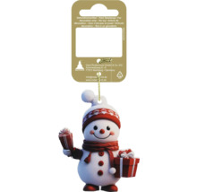 Weihnachtsanhänger Schneemann mit roter Mütze, rotem Schal und roten Geschenken.