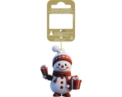Weihnachtsanhänger Schneemann mit roter Mütze, rotem Schal und roten Geschenken.