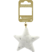 Weihnachtsanhänger in Sternform aus weichem Stoff mit dekorativen Glitzersteinen und GEROMA Logo.