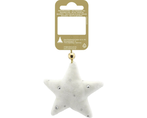 Weihnachtsanhänger in Sternform aus weichem Stoff mit dekorativen Glitzersteinen und GEROMA Logo.
