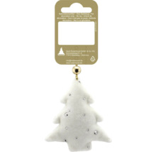 Christbaumschmuck Tannenbaum aus weißem Samt mit Glitzersteinen und goldener Aufhängung.