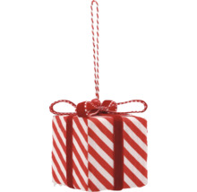 Weihnachtsanhänger in Form eines Geschenks mit rot-weiß gestreiftem Muster, Schleife und Aufhänger.