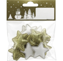 Weihnachtsdekoration Set aus Stoffsternen mit Glitzer und weißen Textilsternen in einer transparenten Packung.