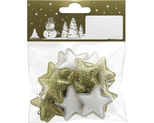 Weihnachtsdekoration Set aus Stoffsternen mit Glitzer und weißen Textilsternen in einer transparenten Packung.
