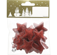 Rote Glitzersterne in einer Packung für Weihnachtsdekorationen und Bastelarbeiten.