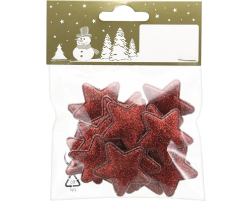 Rote Glitzersterne in einer Packung für Weihnachtsdekorationen und Bastelarbeiten.