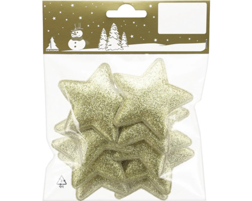 Packung mit goldfarbenen glitzernden Sternen zur Dekoration und Geroma Logo.
