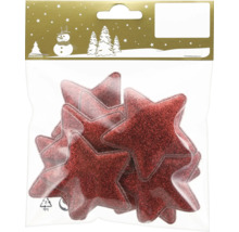 Rote Dekosterne mit Glitzer für Weihnachten in transparenter Verpackung.