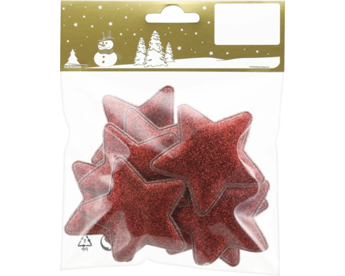 Rote Dekosterne mit Glitzer für Weihnachten in transparenter Verpackung.