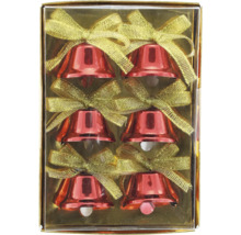 Sechs rote Weihnachtsglocken mit goldenen Schleifen in einer Klarsichtverpackung.