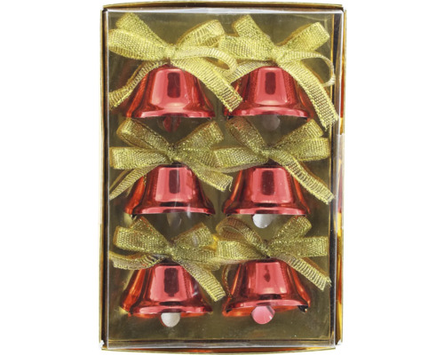 Sechs rote Weihnachtsglocken mit goldenen Schleifen in einer Klarsichtverpackung.