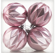 Vier rosa Weihnachtskugeln mit geometrischem Rautenmuster, abwechselnd glänzend und mit Glitzer.