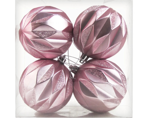 Vier rosa Weihnachtskugeln mit geometrischem Rautenmuster, abwechselnd glänzend und mit Glitzer.