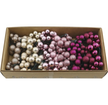 Weihnachtskugeln-Set in verschiedenen Rosatönen und Champagner, glänzend, matt und glitzernd, in einem Karton.