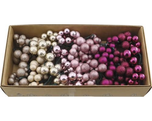 Weihnachtskugeln-Set in verschiedenen Rosatönen und Champagner, glänzend, matt und glitzernd, in einem Karton.